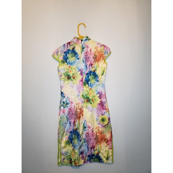 Cheongsam Qipao Dress Juniors M Short Cap Sleeve Floral Pastel High Collar - Picture 2 of 6